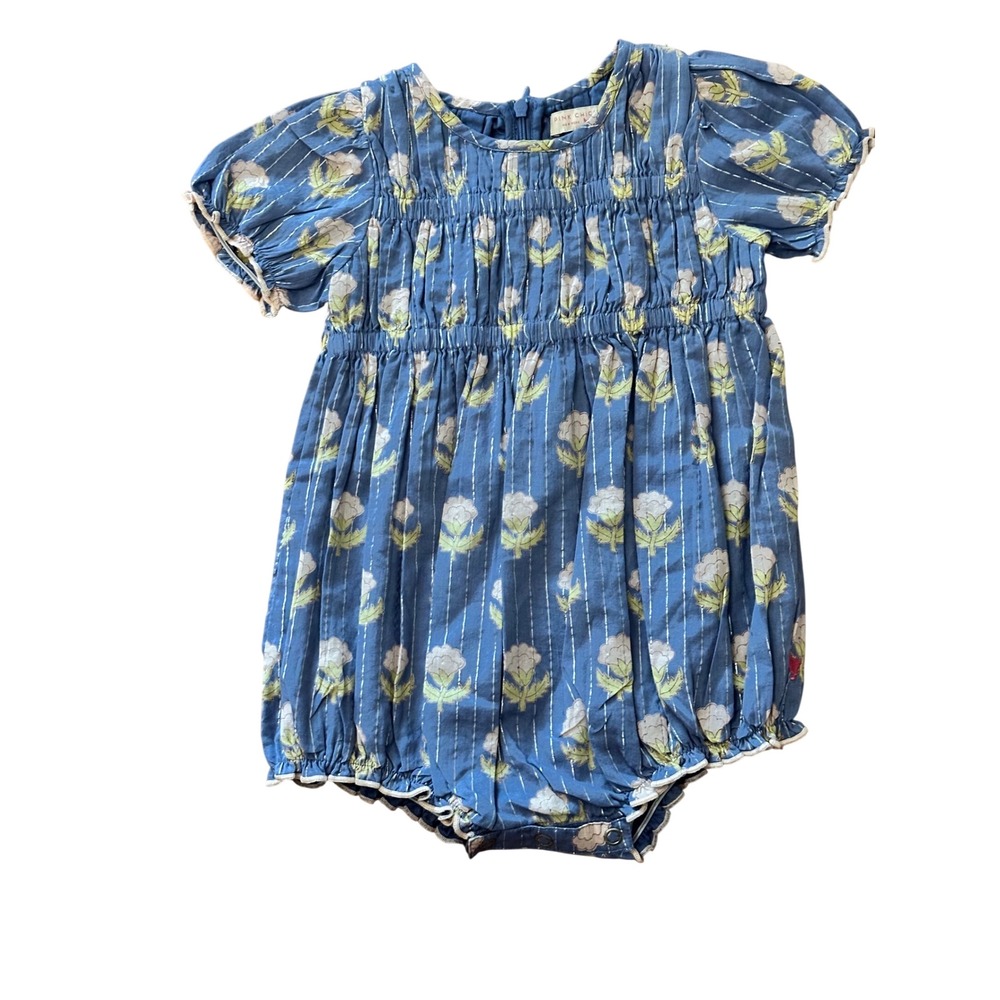 Pink Chicken Blue Floral Metallic Stripe Smocked Bubble Romper 2Y Kids Preppy